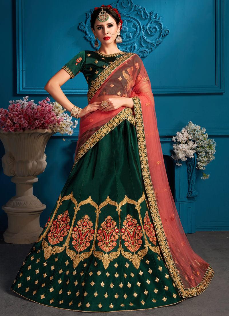 Dark Green Color Satin Base Designer Embroidred Lehenga Choli