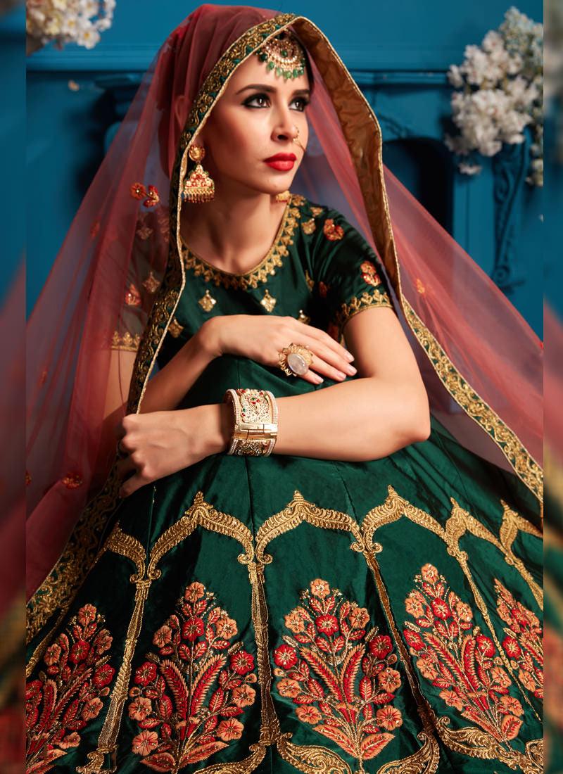 Dark Green Color Satin Base Designer Embroidred Lehenga Choli