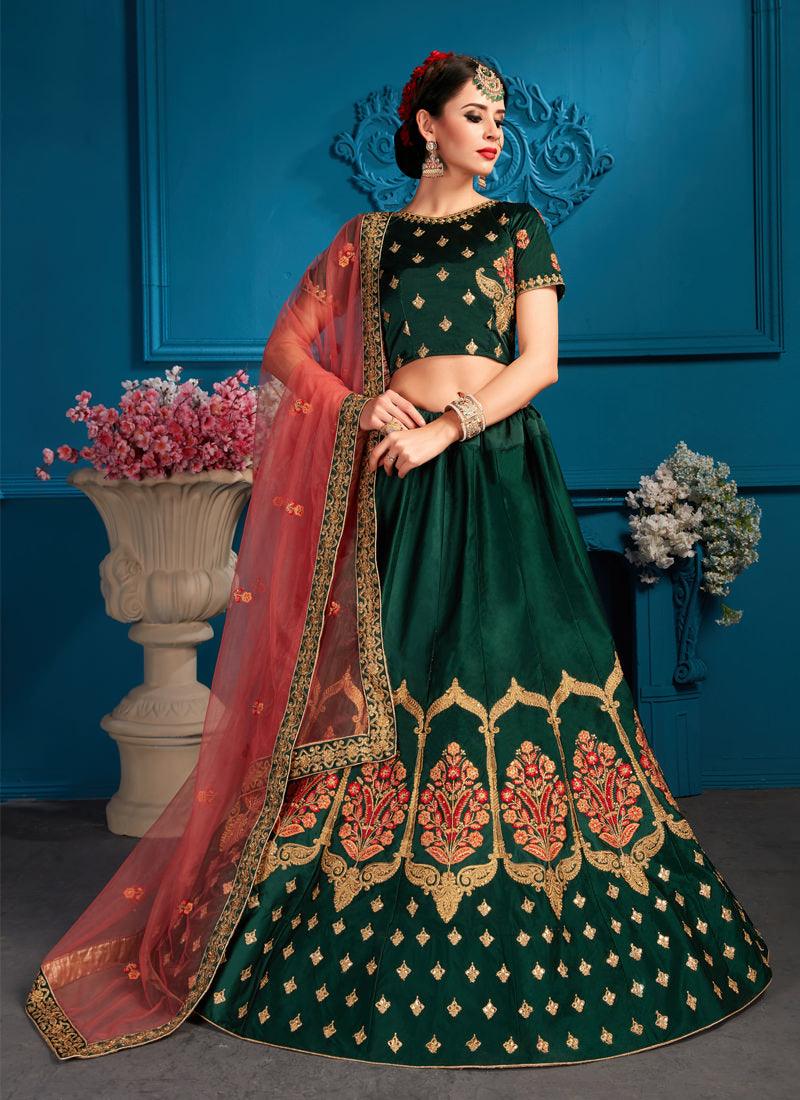 Dark Green Color Satin Base Designer Embroidred Lehenga Choli