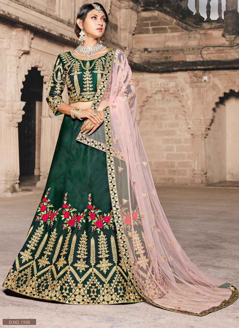 Dark Green Colored Taffeta Silk Bridal Lehenga Choli