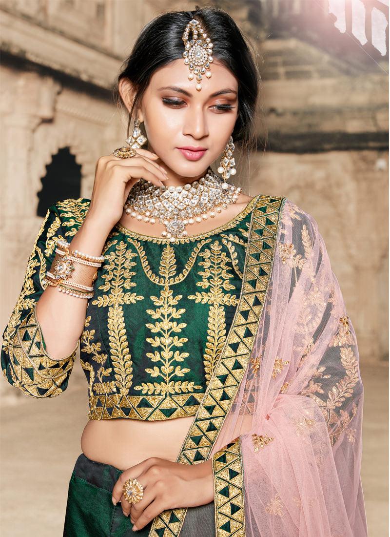 Dark Green Colored Taffeta Silk Bridal Lehenga Choli