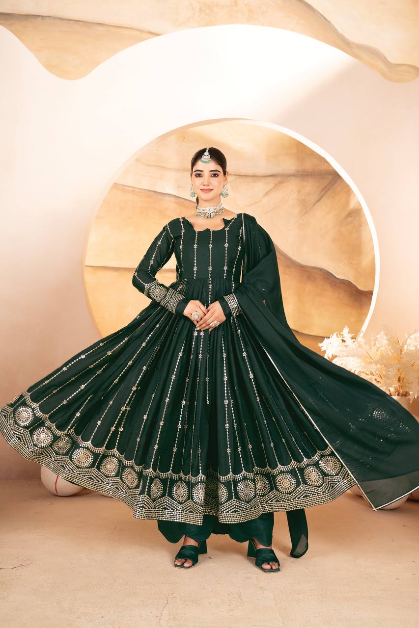 Dark Green Designer Anarkali Suit Set in Star Georgette with Sequins & Multi-Thread Embroidery