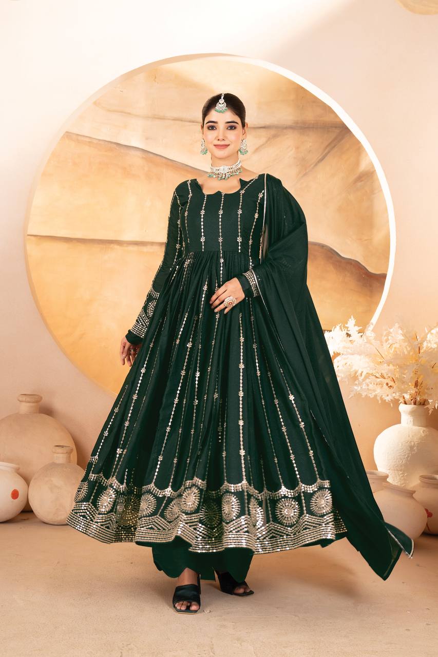 Dark Green Designer Anarkali Suit Set in Star Georgette with Sequins & Multi-Thread Embroidery