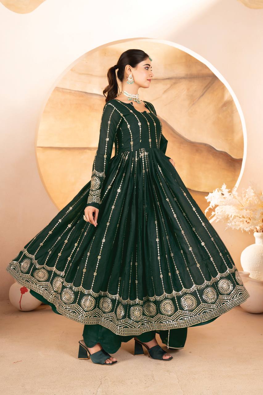 Dark Green Designer Anarkali Suit Set in Star Georgette with Sequins & Multi-Thread Embroidery