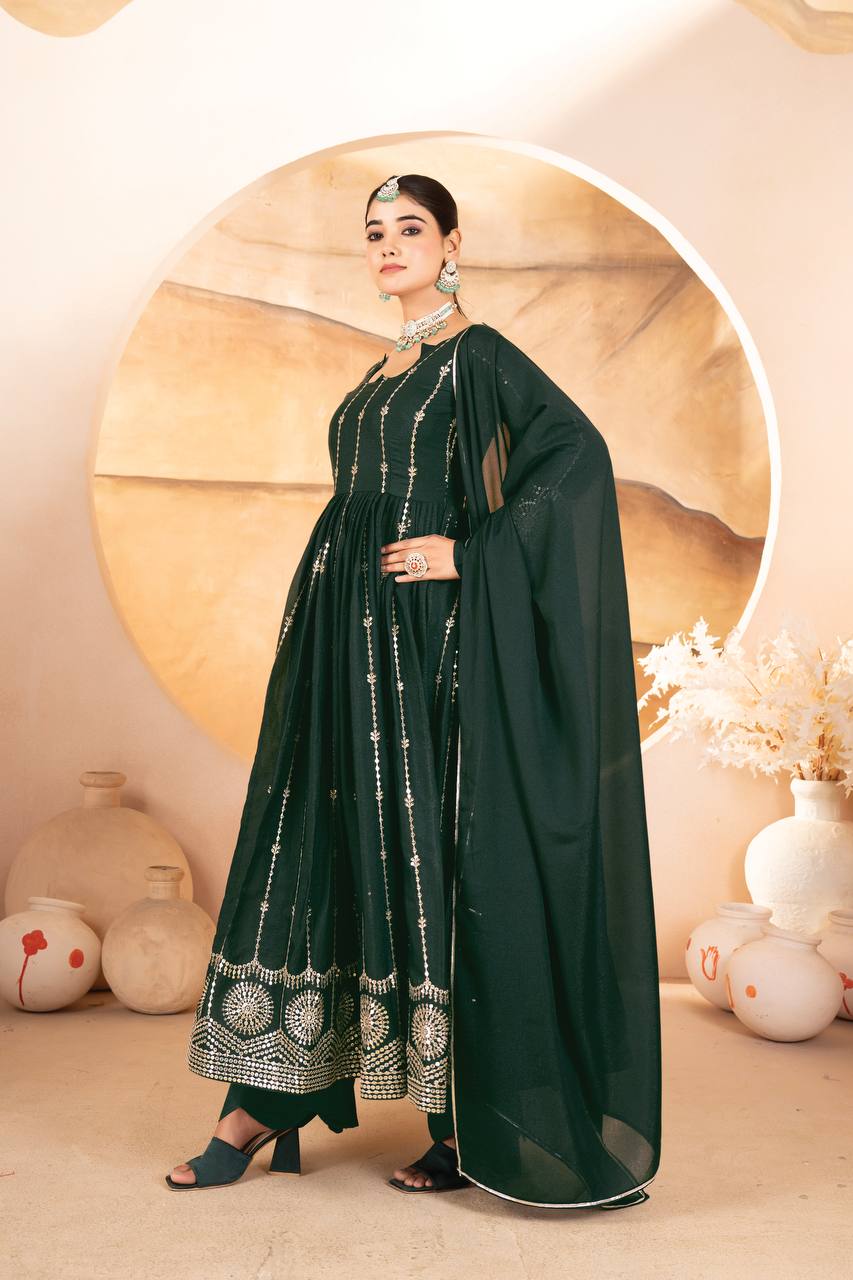 Dark Green Designer Anarkali Suit Set in Star Georgette with Sequins & Multi-Thread Embroidery
