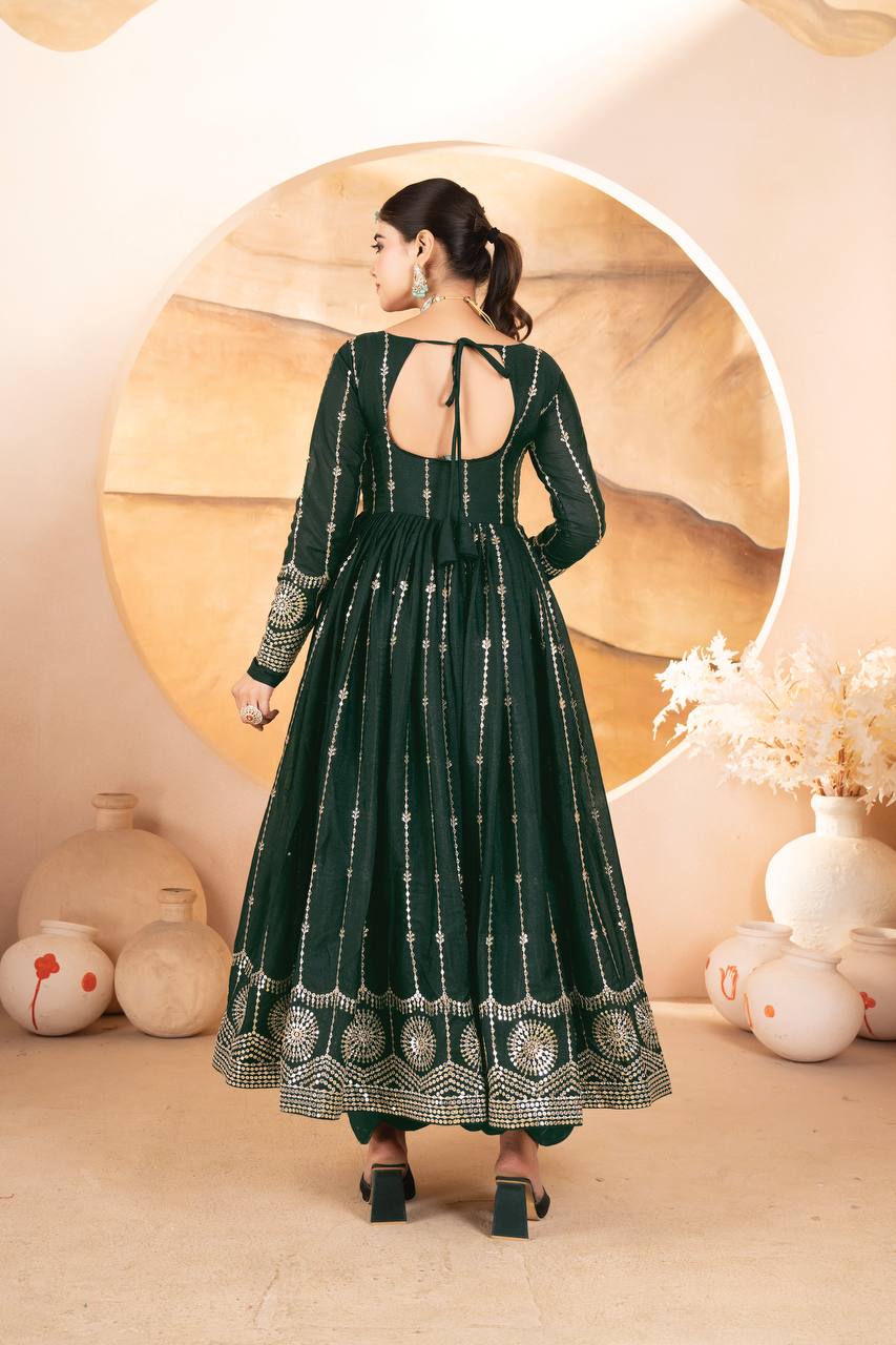 Dark Green Designer Anarkali Suit Set in Star Georgette with Sequins & Multi-Thread Embroidery