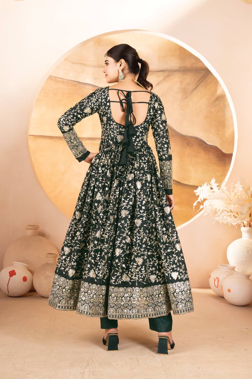 Dark Green Designer Star Georgette Anarkali Suit with Heavy Sequins & Embroidery, Pants & Dupatta