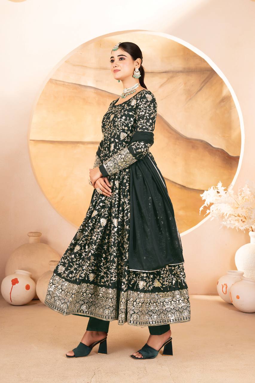 Dark Green Designer Star Georgette Anarkali Suit with Heavy Sequins & Embroidery, Pants & Dupatta