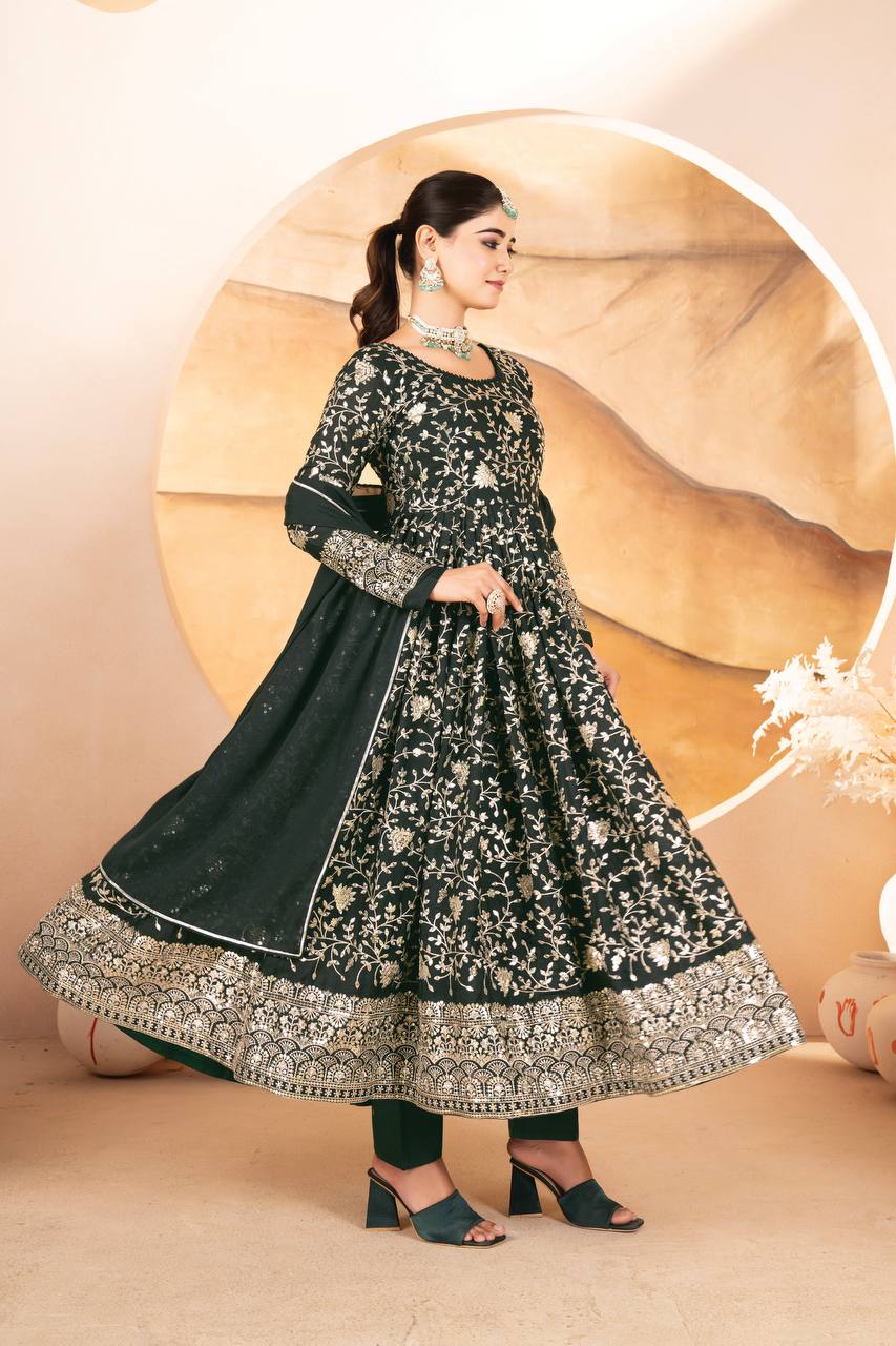 Dark Green Designer Star Georgette Anarkali Suit with Heavy Sequins & Embroidery, Pants & Dupatta