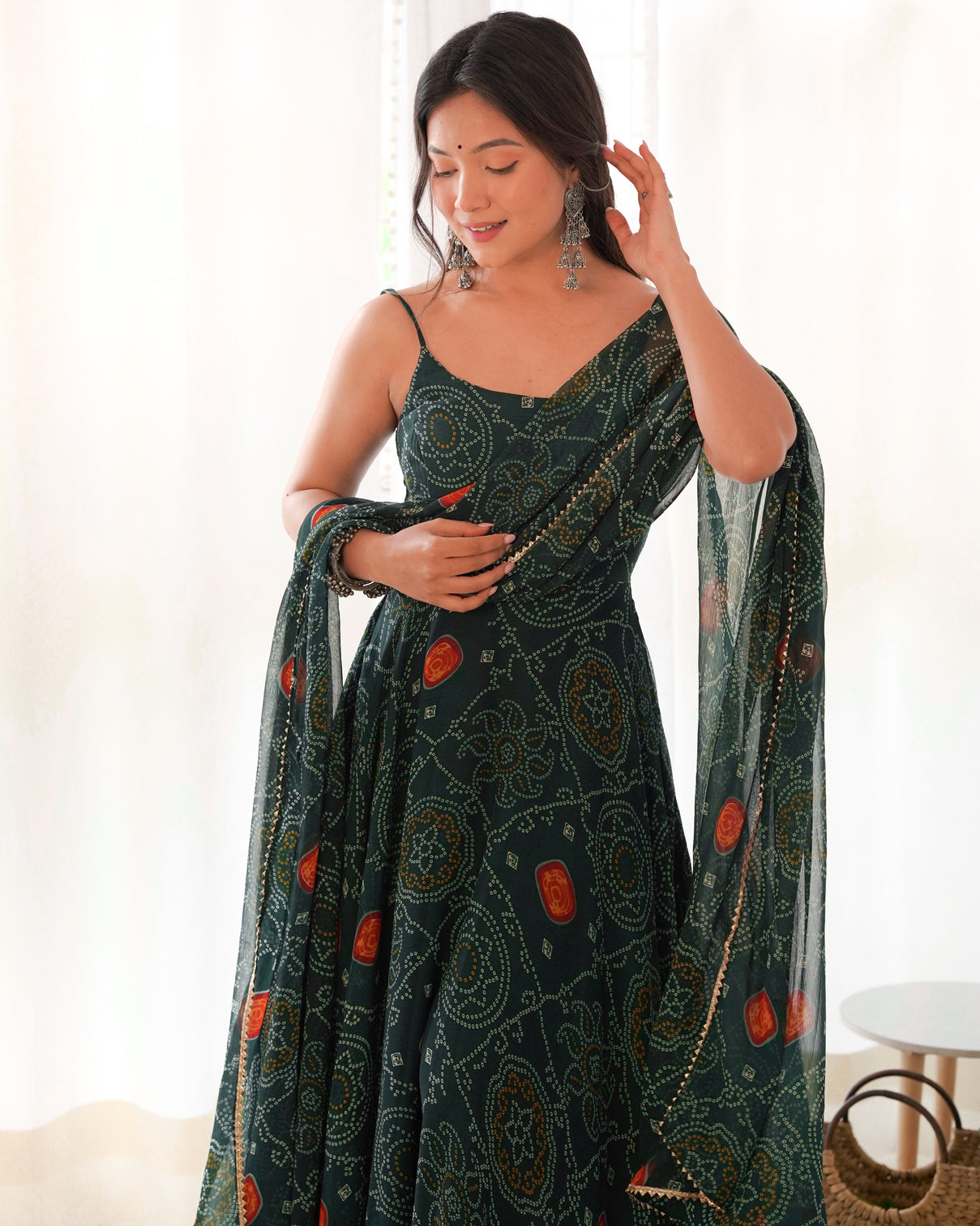 Dark Green Elegant Bandhej Chiffon Anarkali Gown Set – Lightweight & Stylish