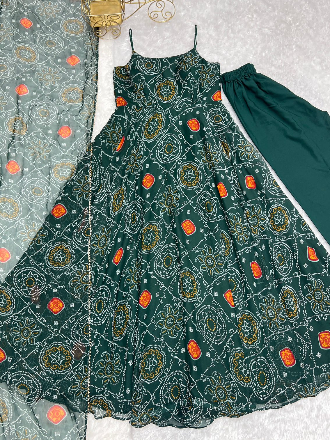 Dark Green Elegant Bandhej Chiffon Anarkali Gown Set – Lightweight & Stylish