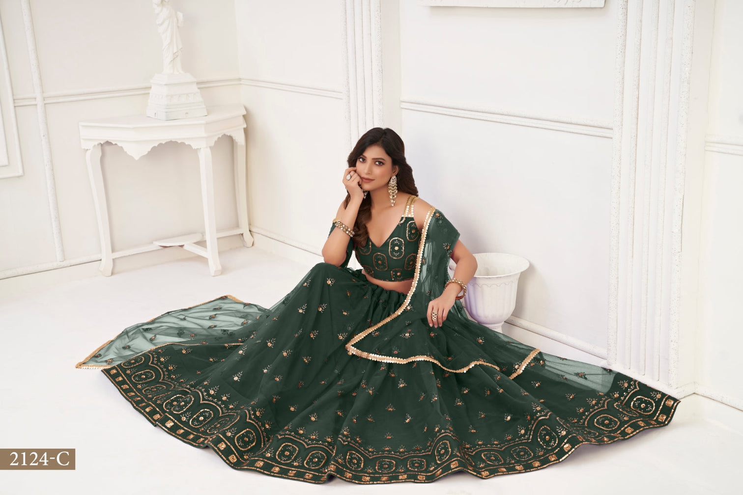Dark Green Elegant Butterfly Net Lehenga with Tone-to-Tone Embroidery