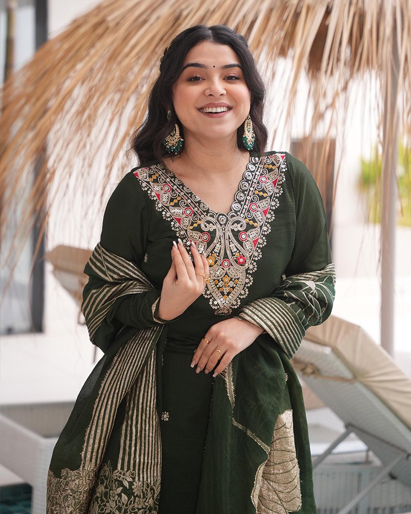 Dark Green Elegant Roman Silk Embroidered Suit Set with Jacquard Dupatta – Zari, Sequence & Coding Work
