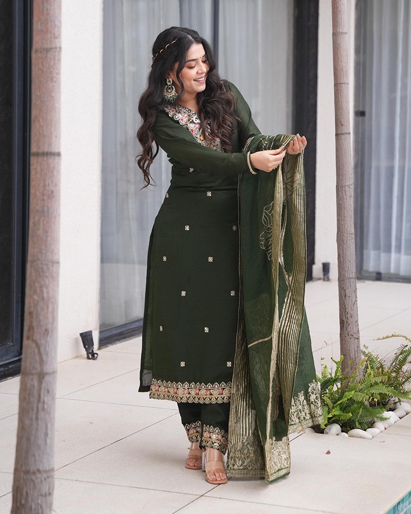 Dark Green Elegant Roman Silk Embroidered Suit Set with Jacquard Dupatta – Zari, Sequence & Coding Work