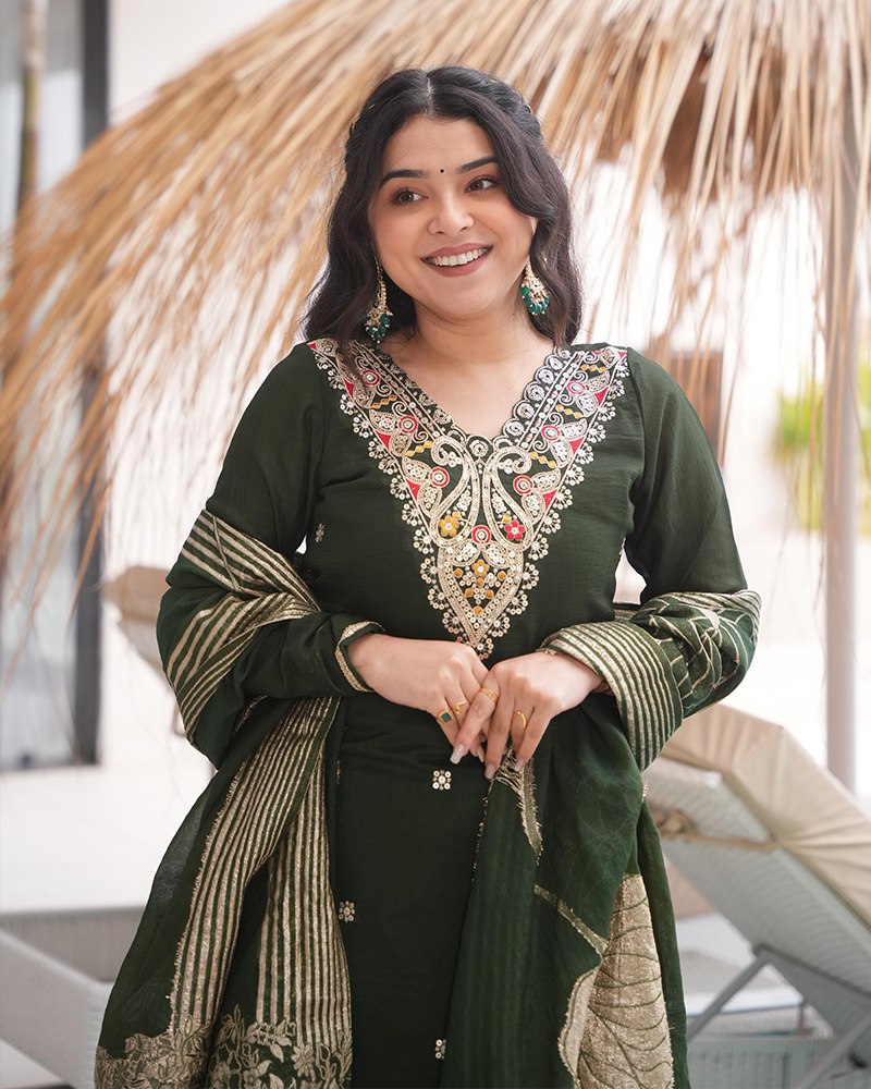 Dark Green Elegant Roman Silk Embroidered Suit Set with Jacquard Dupatta – Zari, Sequence & Coding Work