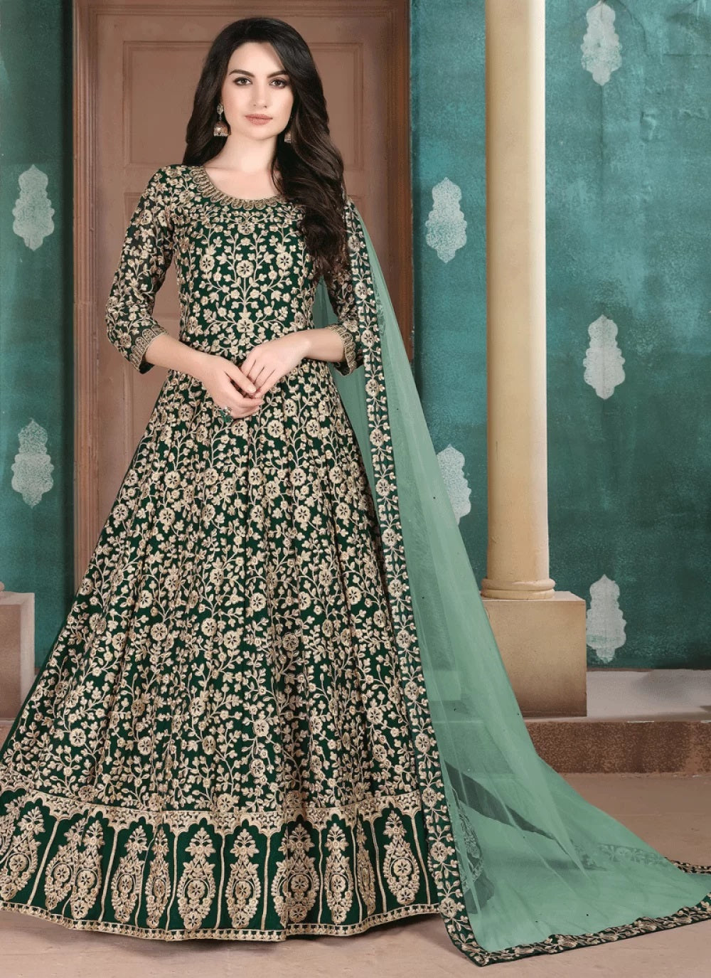 Dark green embroidered georgette abaya style suit
