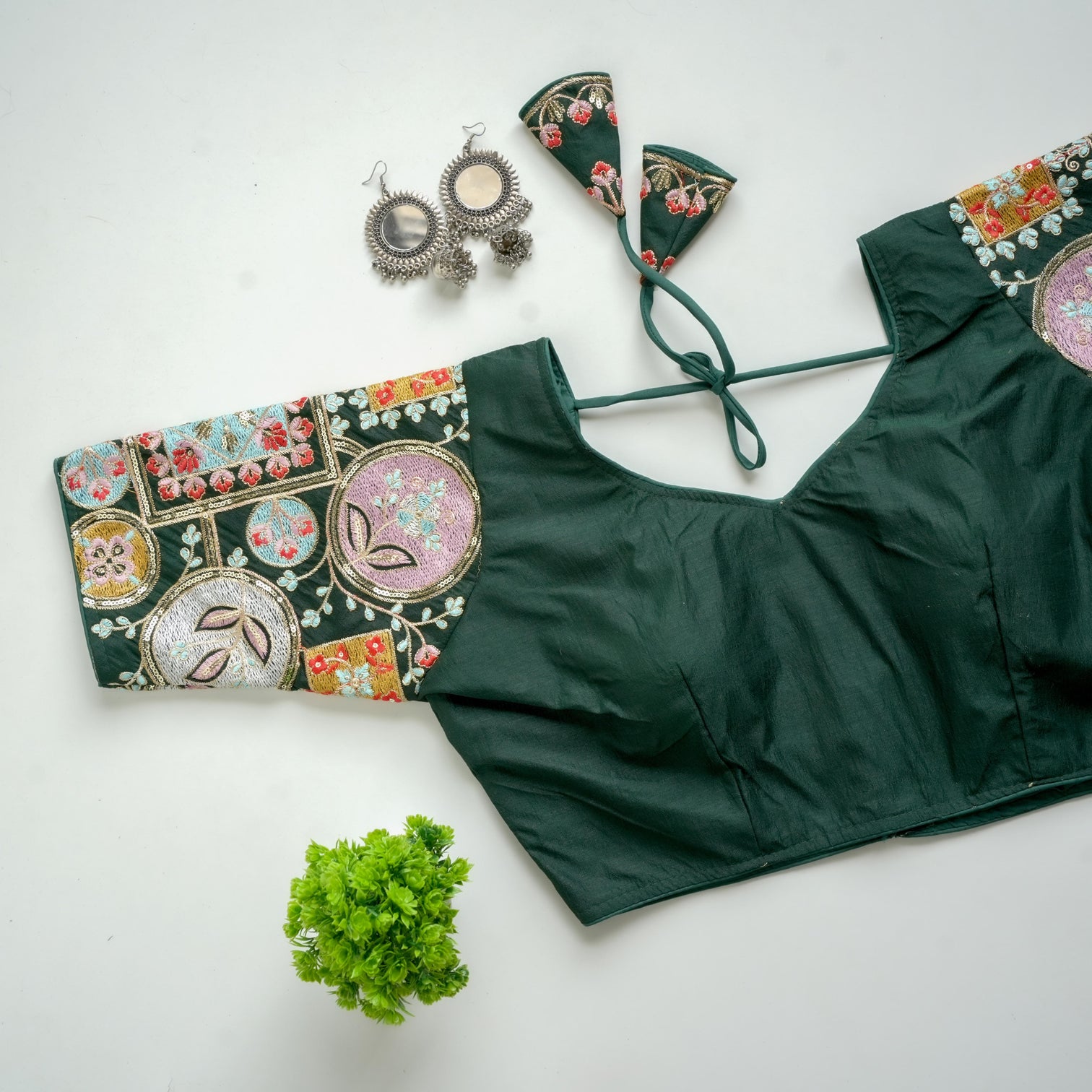 Dark Green Golden Embroidered Blouse with Sequins on Seoul Silk Sleeves