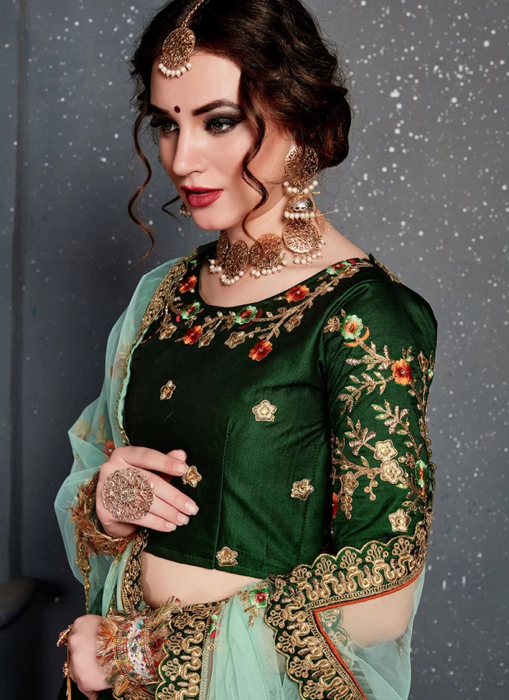 Dark green taffeta satin silk wedding lehenga