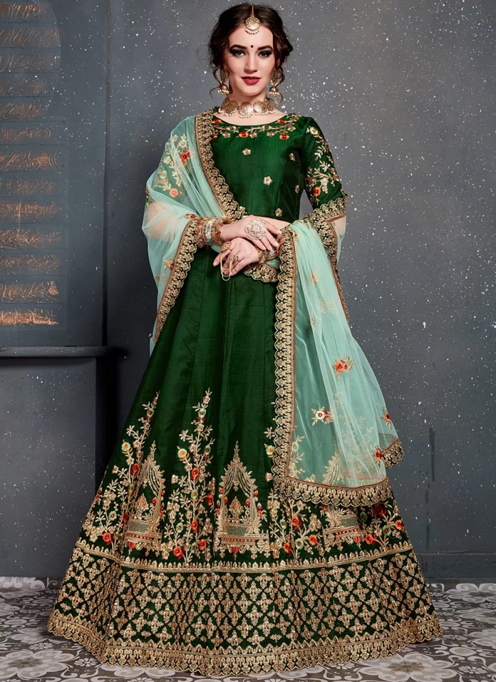 Dark green taffeta satin silk wedding lehenga