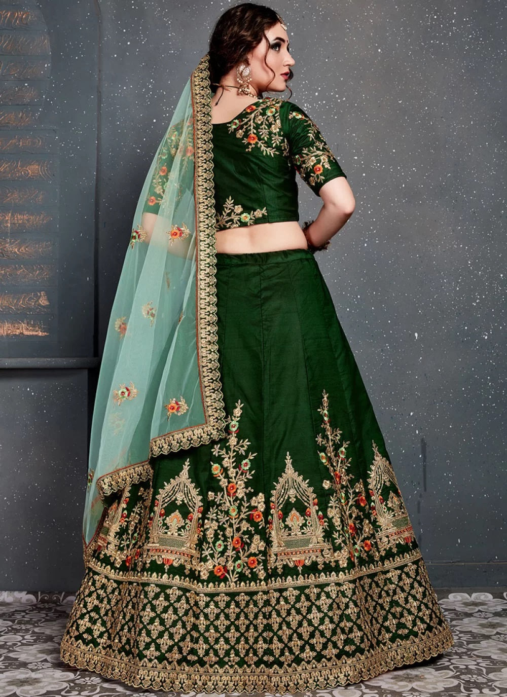 Dark green taffeta satin silk wedding lehenga