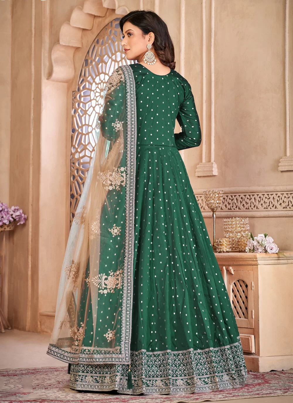 Dark green taffeta silk embroidered abaya style suit