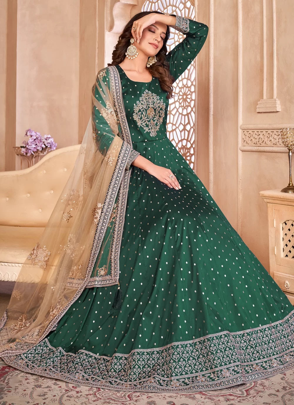 Dark green taffeta silk embroidered abaya style suit