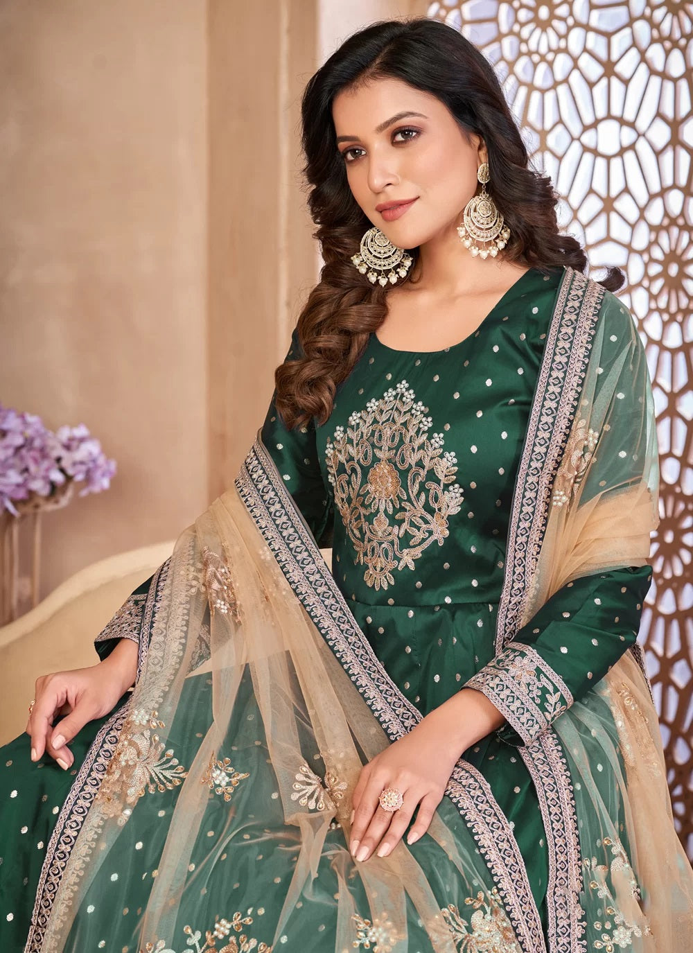 Dark green taffeta silk embroidered abaya style suit