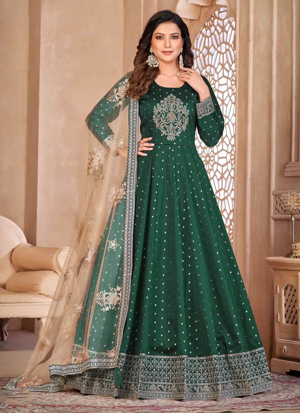 Dark green taffeta silk embroidered abaya style suit