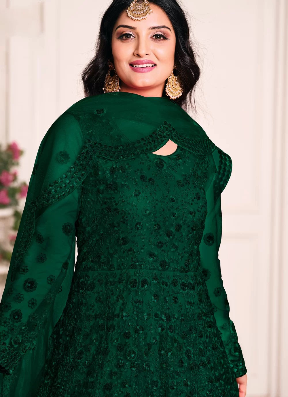 Dark green thread embroidered net abaya style suit