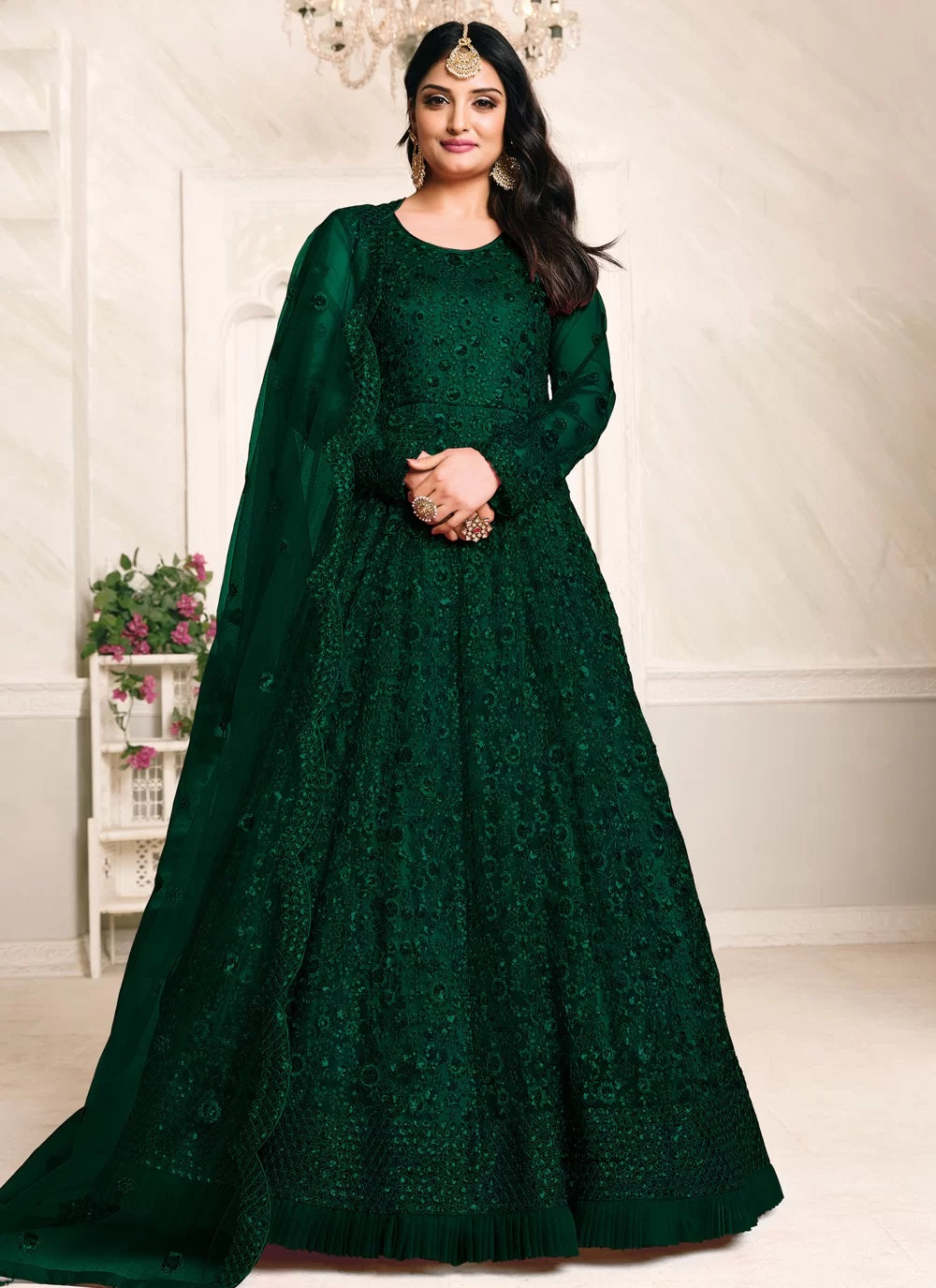 Dark green thread embroidered net abaya style suit