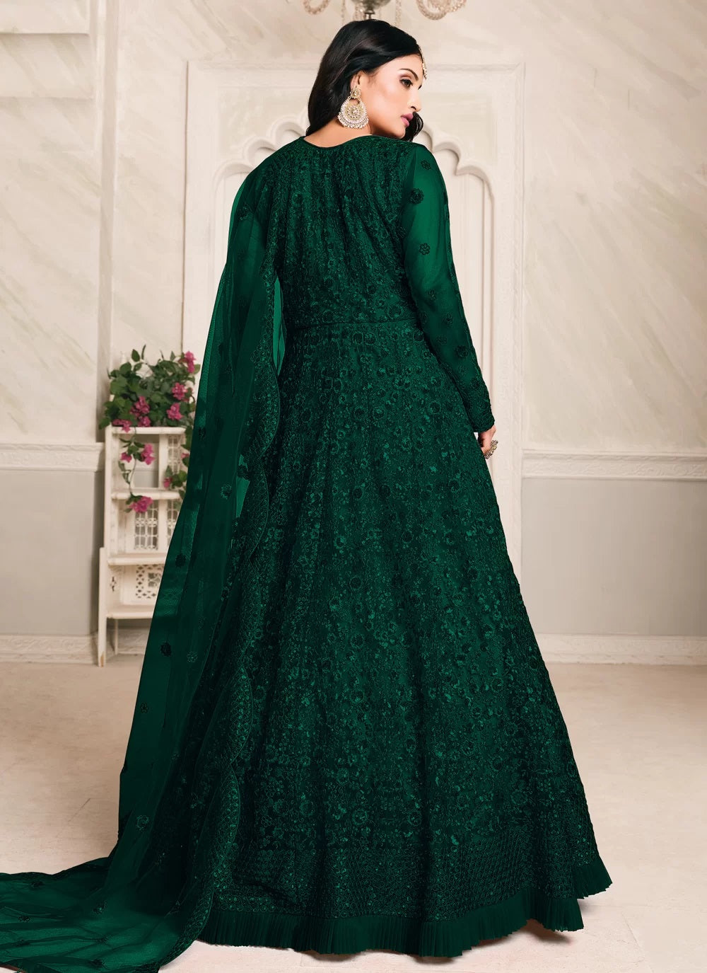 Dark green thread embroidered net abaya style suit