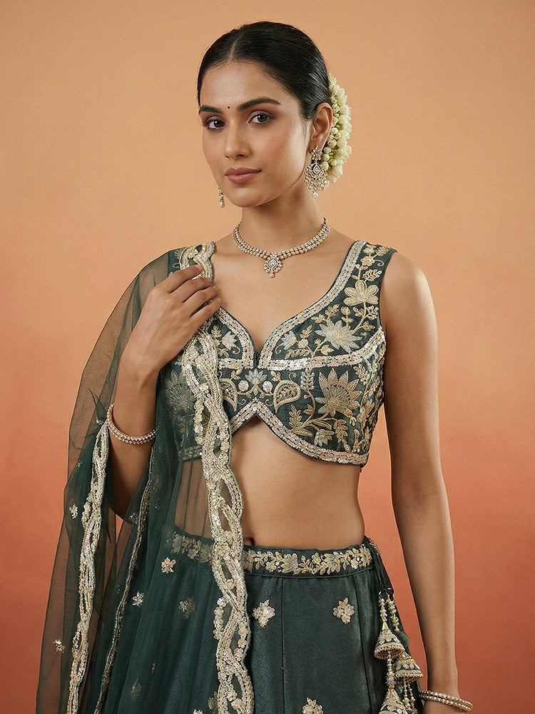 Tissue Beads with Embroidered Lehenga Choli with Dupatta