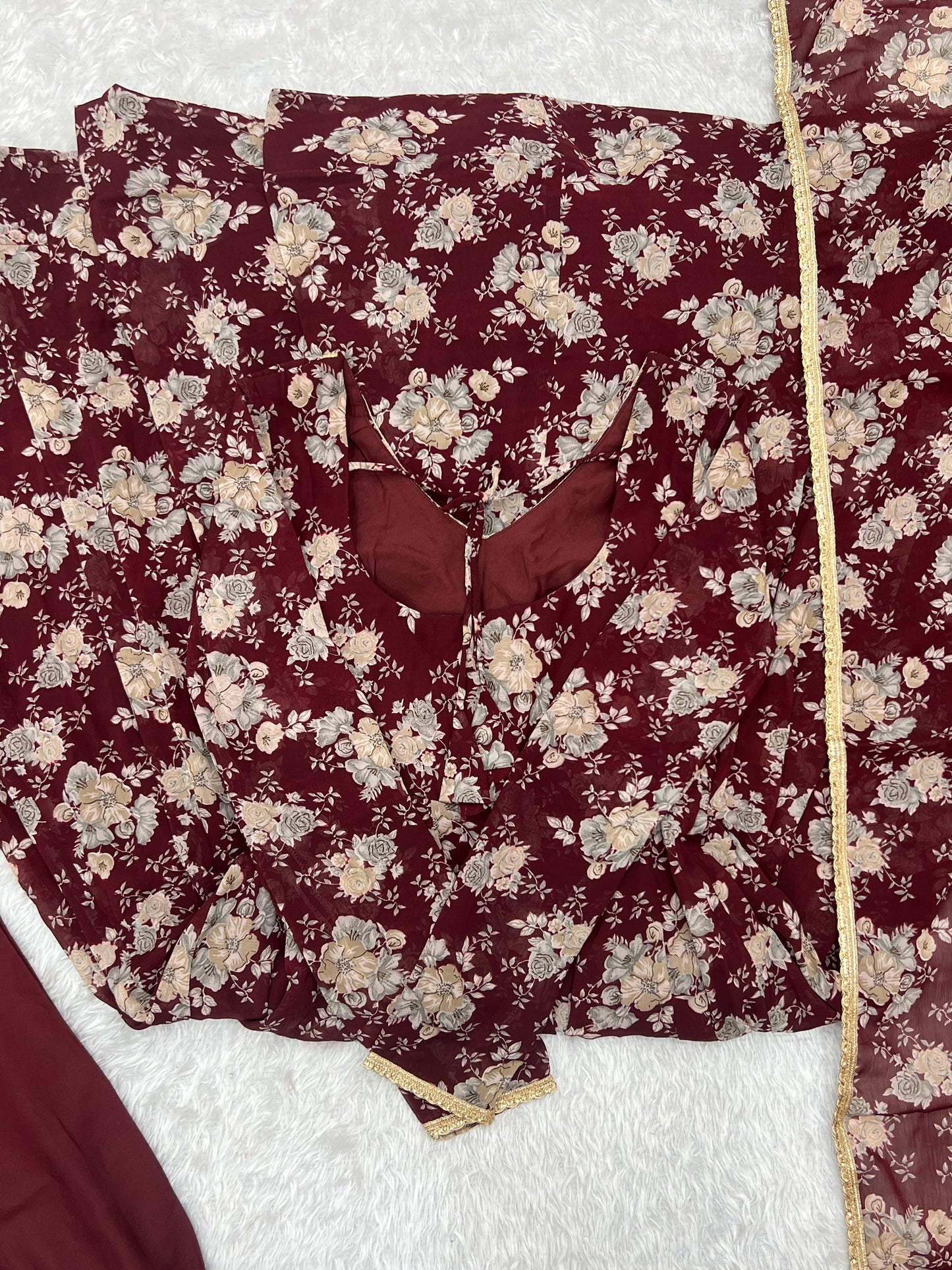 Dark Maroon High-End Laheriya Print Anarkali Set – Pure Fox Georgette Floral Print with Dupatta & Pants – Ready-to-Wear for Summer Weddings