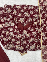 Dark Maroon High-End Laheriya Print Anarkali Set – Pure Fox Georgette Floral Print with Dupatta & Pants – Ready-to-Wear for Summer Weddings