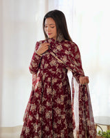 Dark Maroon High-End Laheriya Print Anarkali Set – Pure Fox Georgette Floral Print with Dupatta & Pants – Ready-to-Wear for Summer Weddings