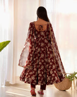 Dark Maroon High-End Laheriya Print Anarkali Set – Pure Fox Georgette Floral Print with Dupatta & Pants – Ready-to-Wear for Summer Weddings