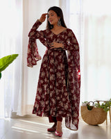 Dark Maroon High-End Laheriya Print Anarkali Set – Pure Fox Georgette Floral Print with Dupatta & Pants – Ready-to-Wear for Summer Weddings
