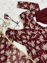 Dark Maroon High-End Laheriya Print Anarkali Set – Pure Fox Georgette Floral Print with Dupatta & Pants – Ready-to-Wear for Summer Weddings