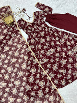 Dark Maroon High-End Laheriya Print Anarkali Set – Pure Fox Georgette Floral Print with Dupatta & Pants – Ready-to-Wear for Summer Weddings