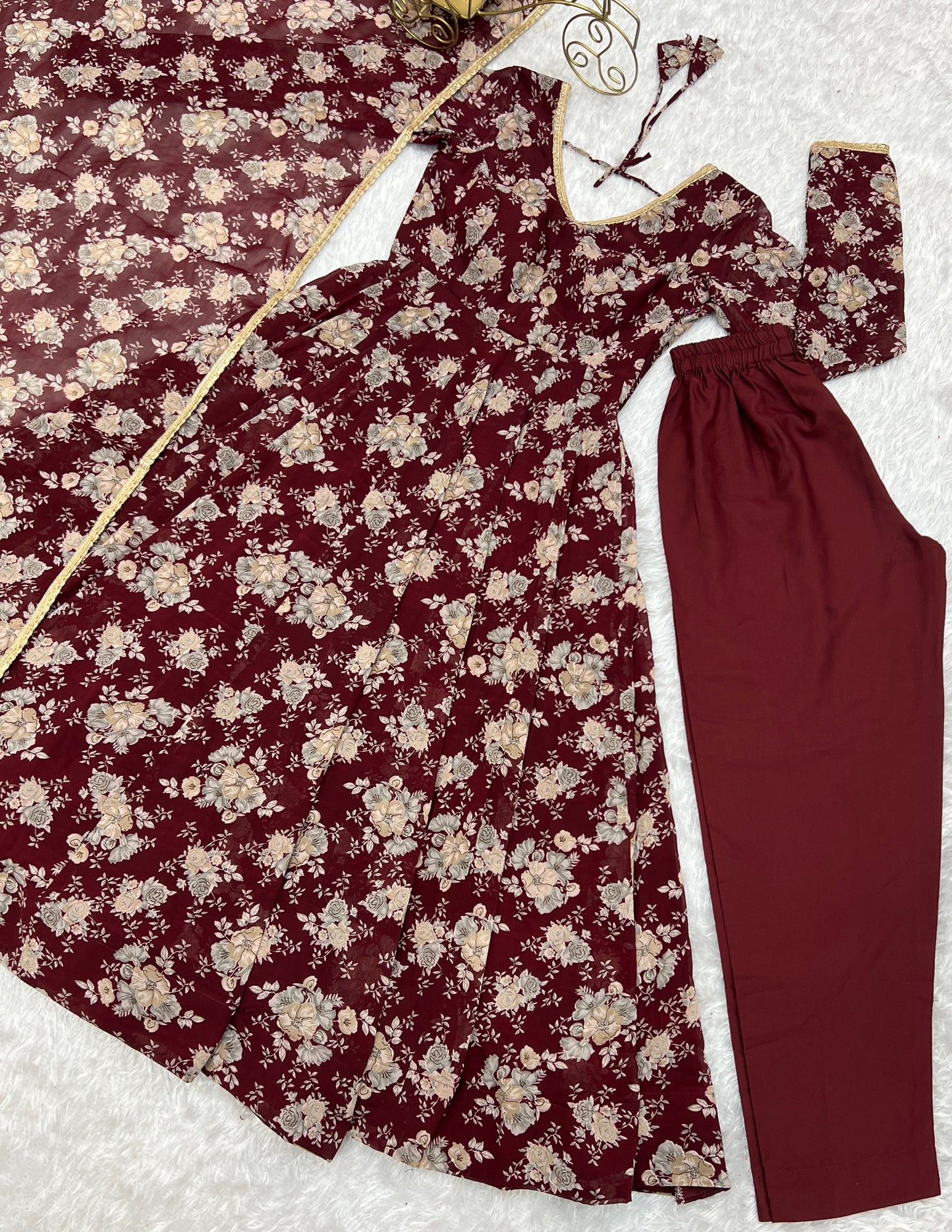 Dark Maroon High-End Laheriya Print Anarkali Set – Pure Fox Georgette Floral Print with Dupatta & Pants – Ready-to-Wear for Summer Weddings