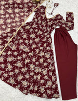 Dark Maroon High-End Laheriya Print Anarkali Set – Pure Fox Georgette Floral Print with Dupatta & Pants – Ready-to-Wear for Summer Weddings