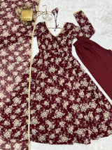 Dark Maroon High-End Laheriya Print Anarkali Set – Pure Fox Georgette Floral Print with Dupatta & Pants – Ready-to-Wear for Summer Weddings