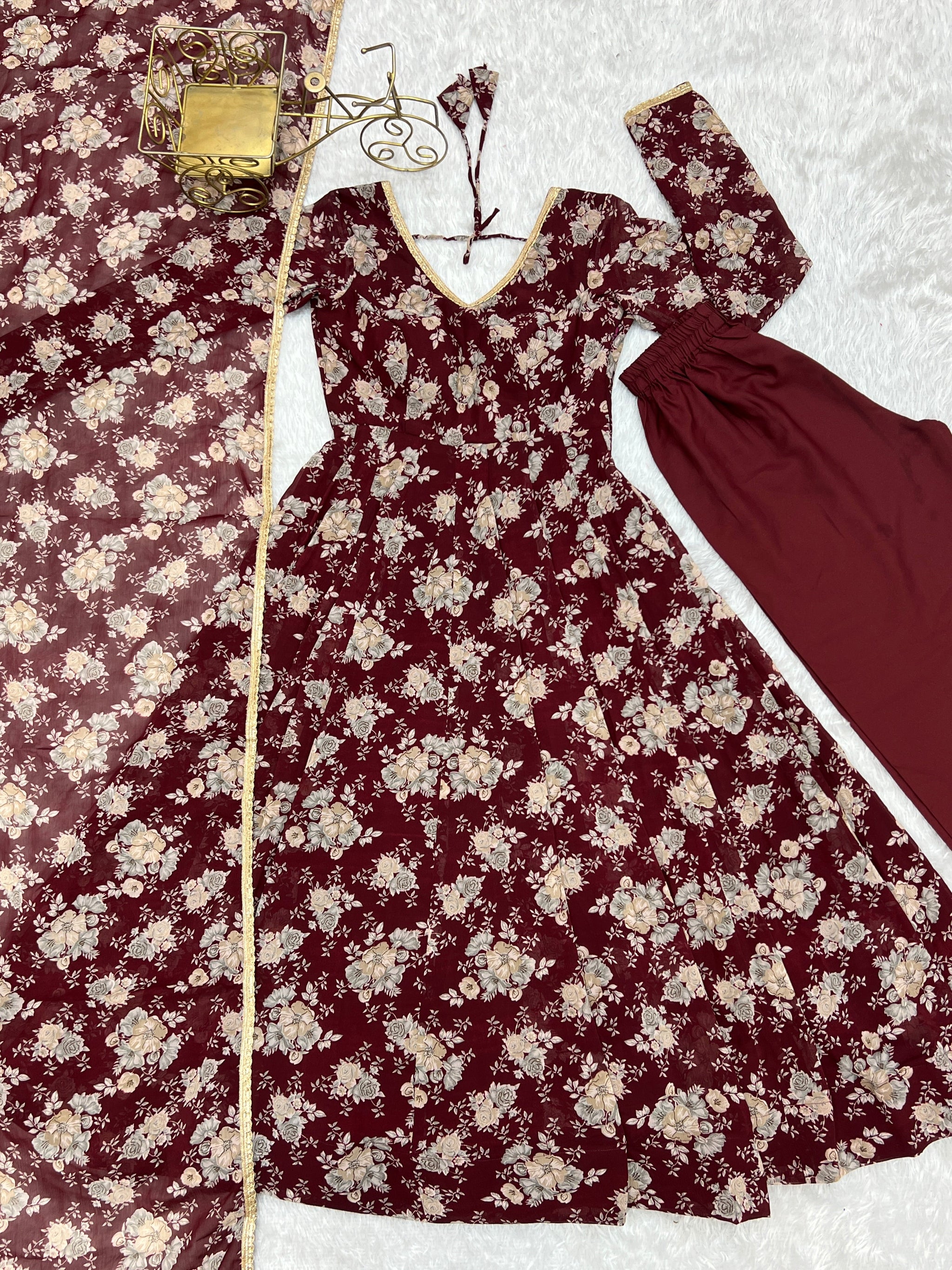 Dark Maroon High-End Laheriya Print Anarkali Set – Pure Fox Georgette Floral Print with Dupatta & Pants – Ready-to-Wear for Summer Weddings