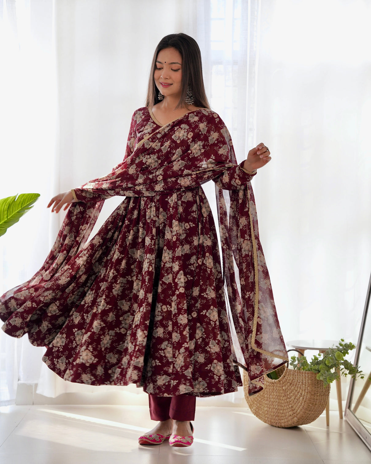 Dark Maroon High-End Laheriya Print Anarkali Set – Pure Fox Georgette Floral Print with Dupatta & Pants – Ready-to-Wear for Summer Weddings