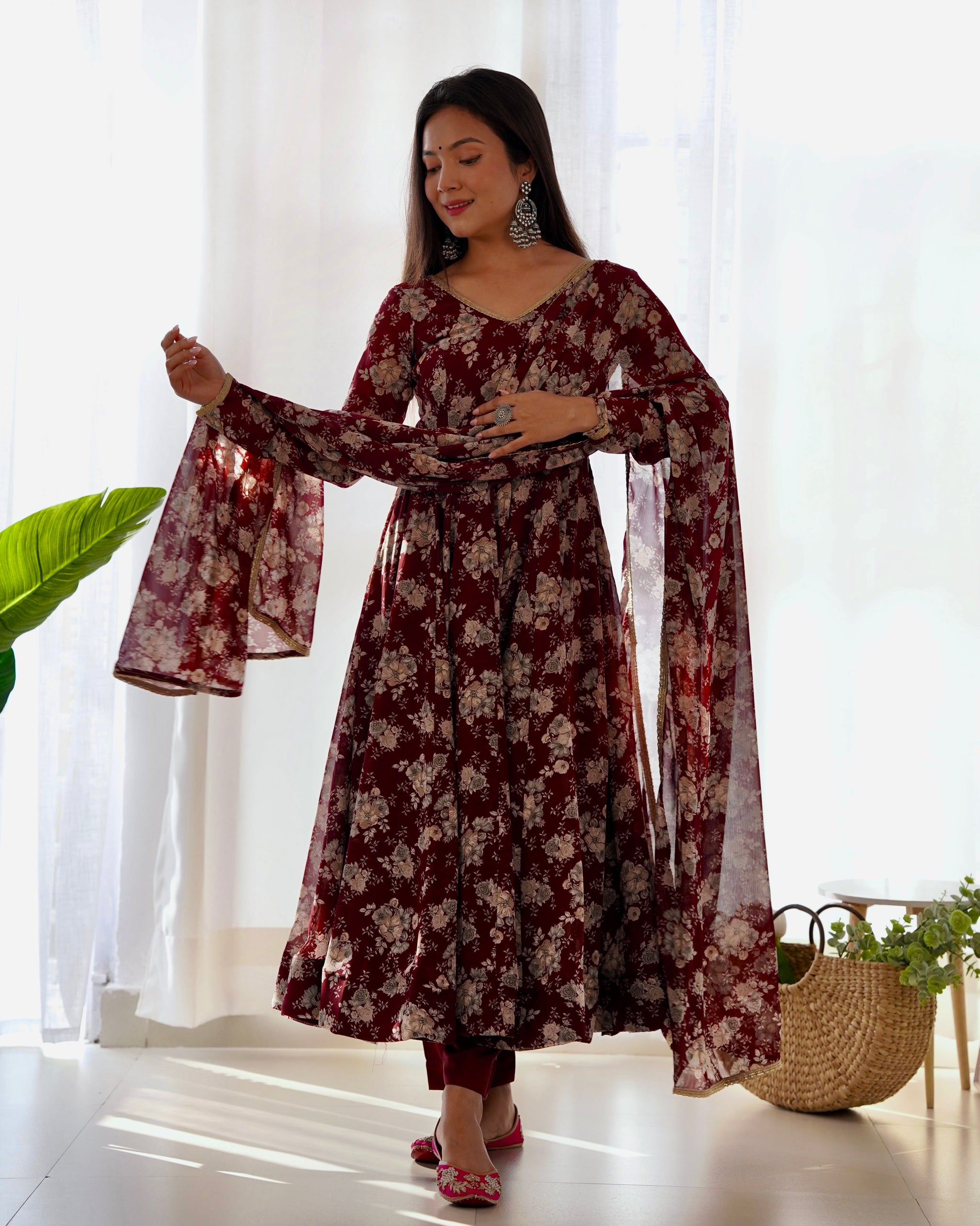 Dark Maroon High-End Laheriya Print Anarkali Set – Pure Fox Georgette Floral Print with Dupatta & Pants – Ready-to-Wear for Summer Weddings