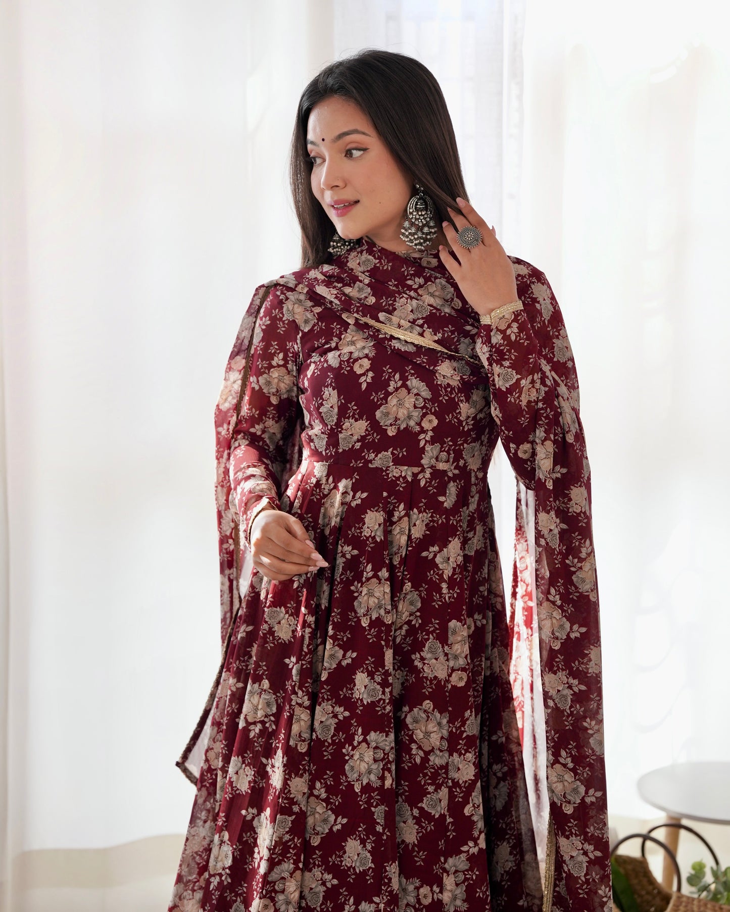Dark Maroon High-End Laheriya Print Anarkali Set – Pure Fox Georgette Floral Print with Dupatta & Pants – Ready-to-Wear for Summer Weddings