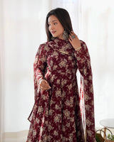 Dark Maroon High-End Laheriya Print Anarkali Set – Pure Fox Georgette Floral Print with Dupatta & Pants – Ready-to-Wear for Summer Weddings