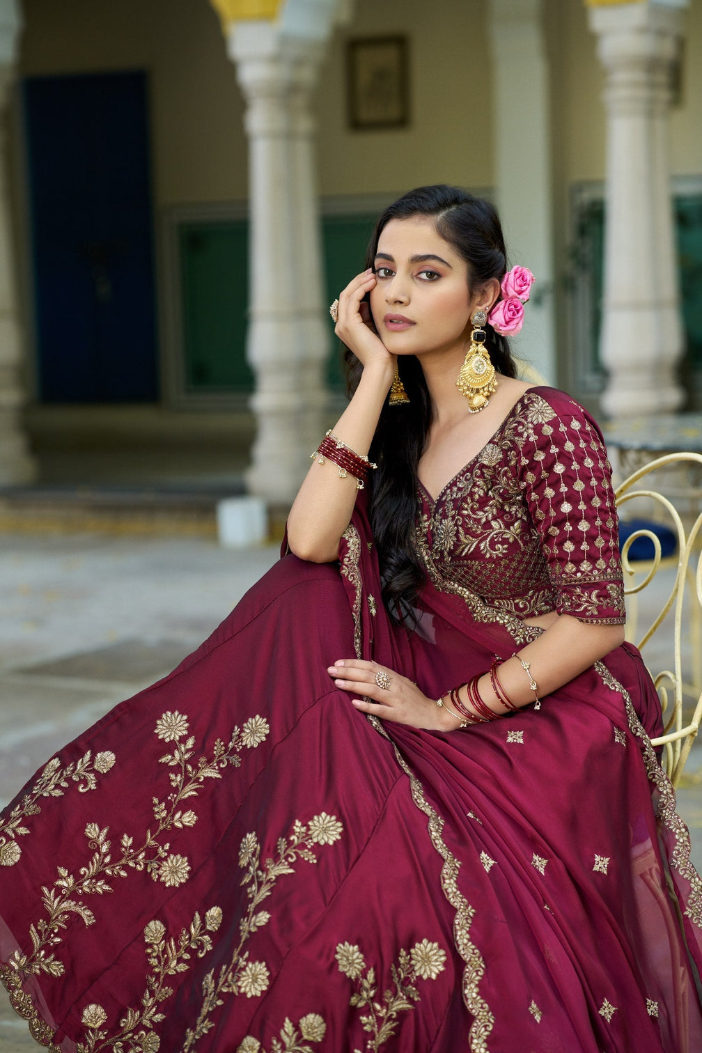 Dark Maroon Silk Festive Lehenga Choli
