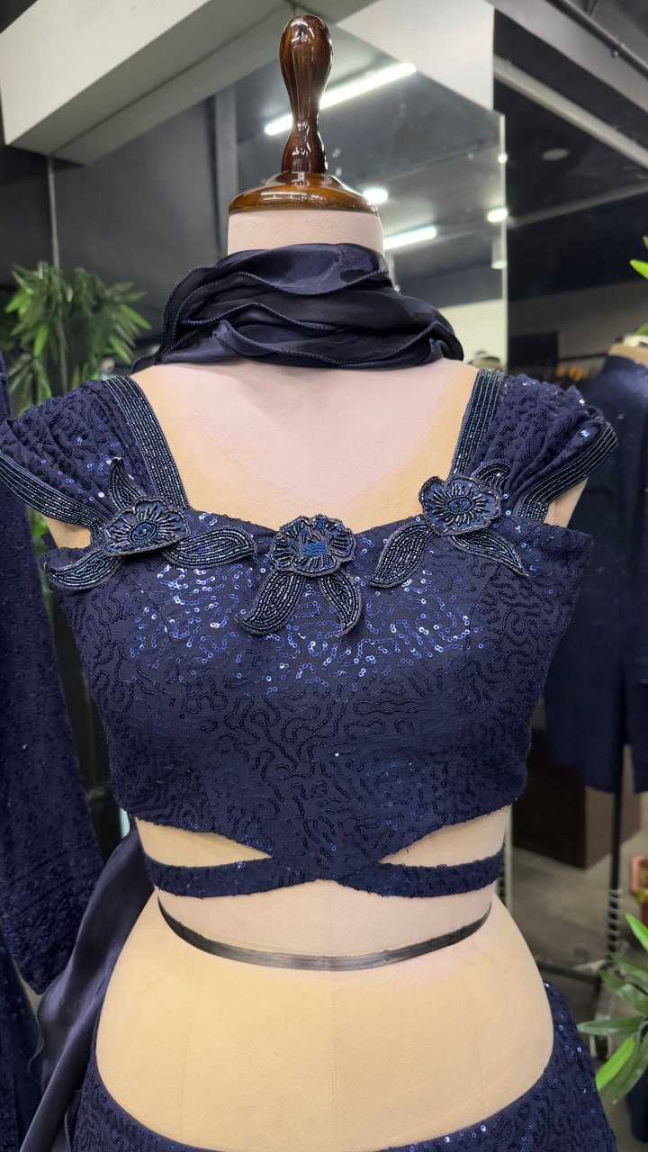 Dark Navy Blue Cinderella Sequence Lehenga Set - Full Stitched Georgette Ensemble