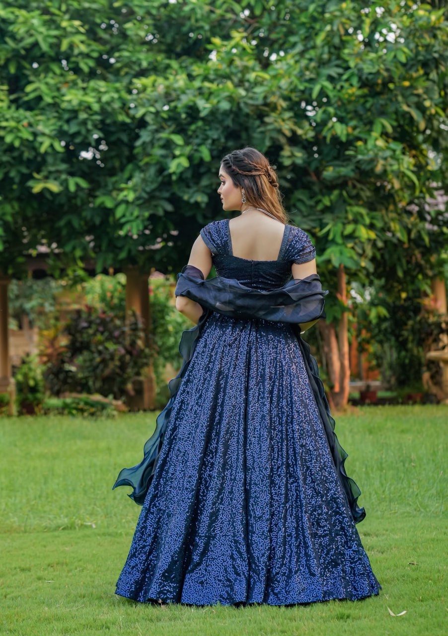 Dark Navy Blue Cinderella Sequence Lehenga Set - Full Stitched Georgette Ensemble
